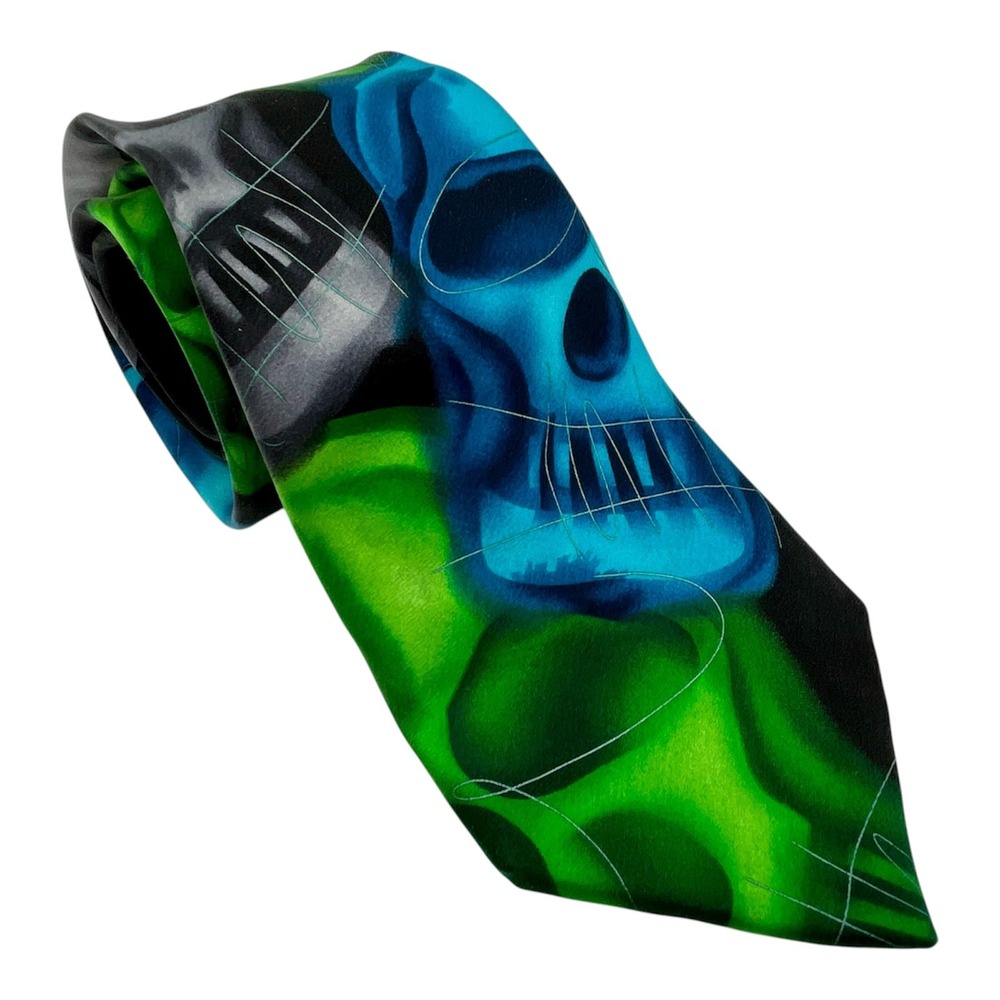 Jerry Garcia Plague Entity Collection 62 Silk Skull Tie Green Blue Black Grunge